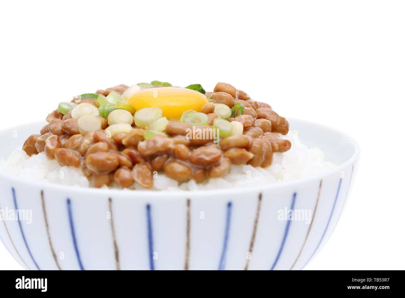 Japanes food, cooked rice with natto on white background Stock Photo