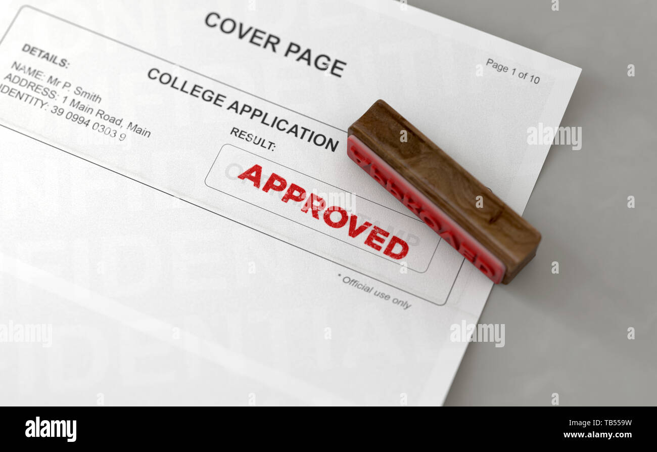 A wooden stamp with embossed text stamping the word approved on a college application form - 3D render Stock Photo