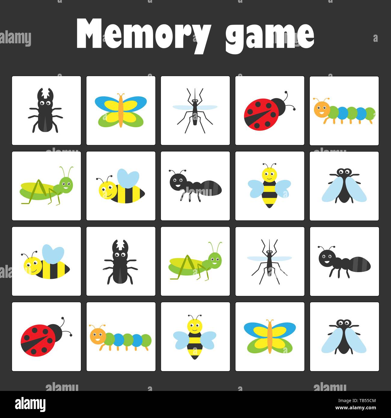 Memory game with pictures -insect theme for children, xmas fun education game for kids, preschool activity, task for the development of logical Stock Vector