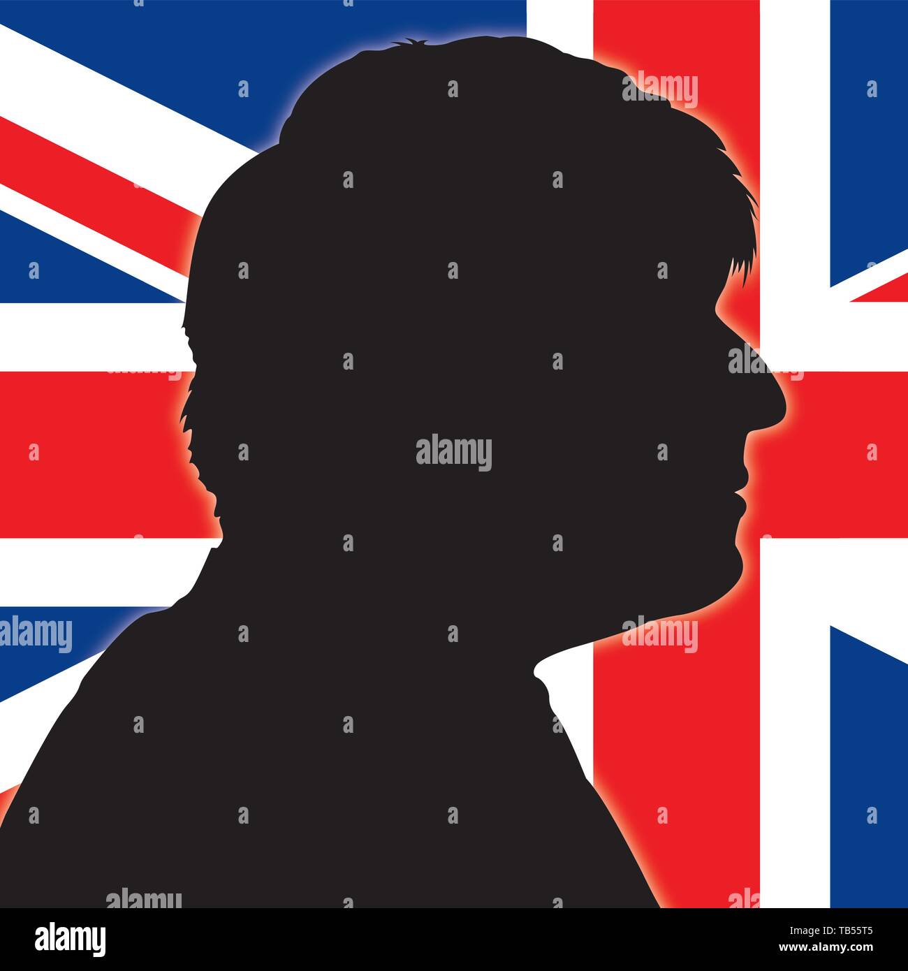 Boris Johnson silhouette portrait with UK flag, british politician of the United Kingdom government Stock Vector