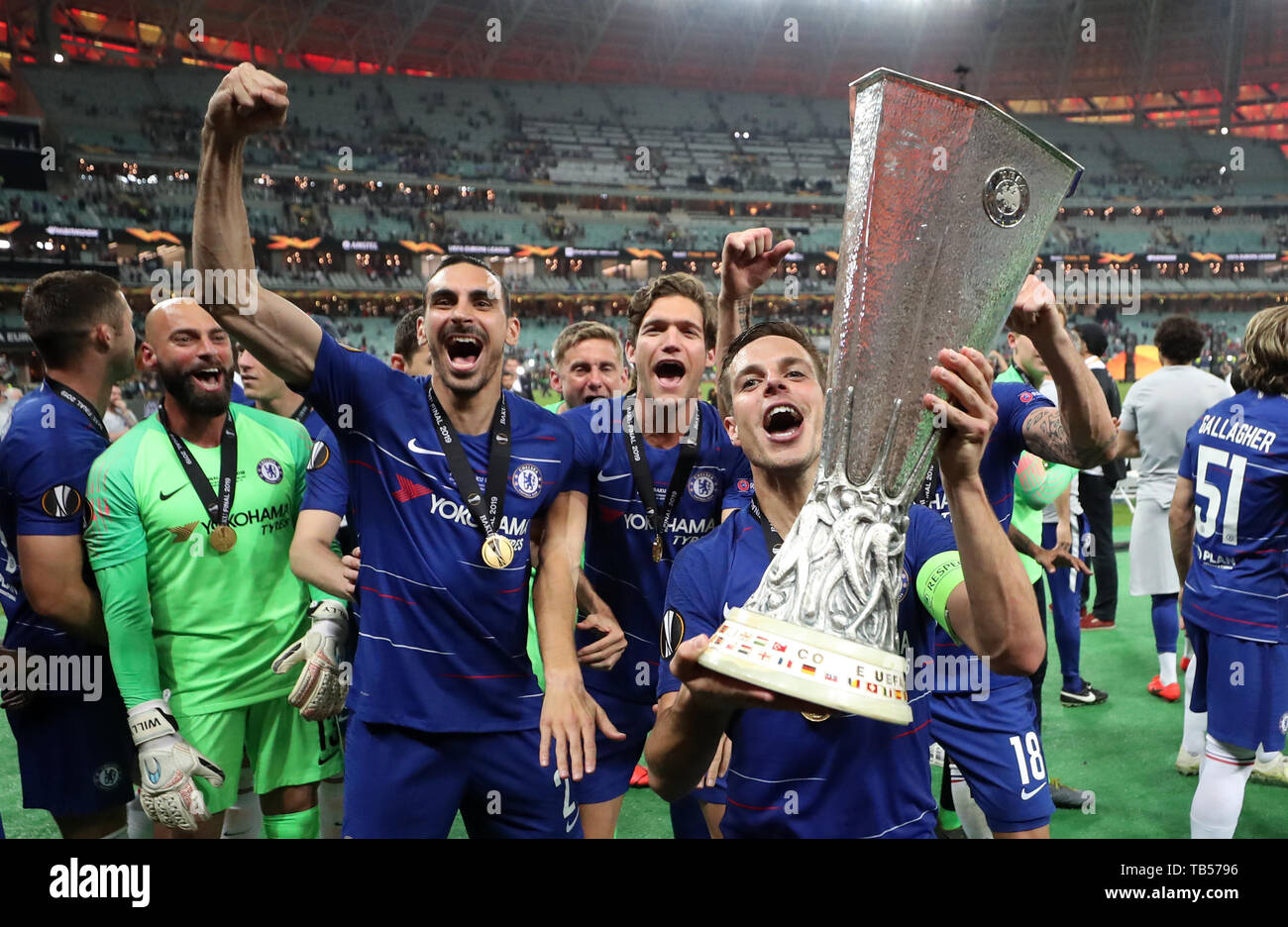 Chelsea S Cesar Azpilicueta Celebrates With The Trophy And Team Mates After Winning The Uefa Europa League Final At The Olympic Stadium Baku Azerbaijan Stock Photo Alamy