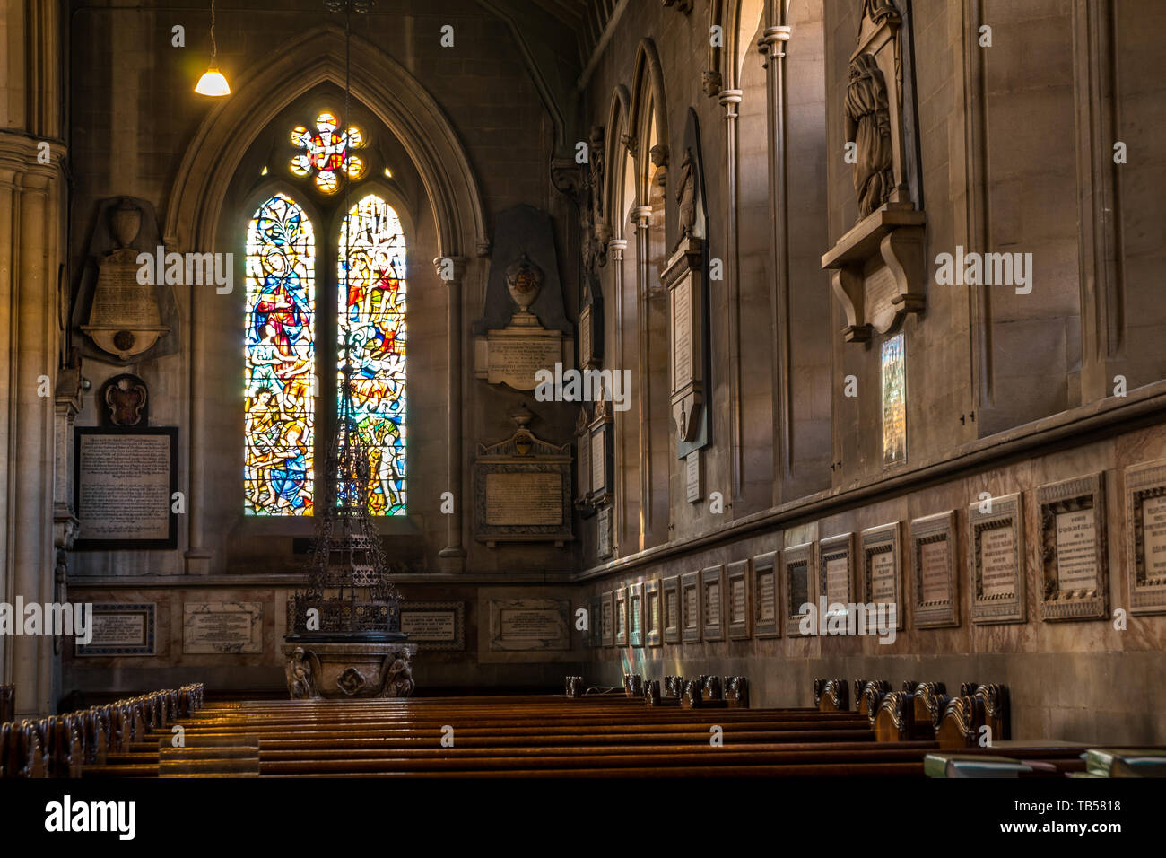 London 23 Mar 2019 Stained glass window illustrated Bible stories