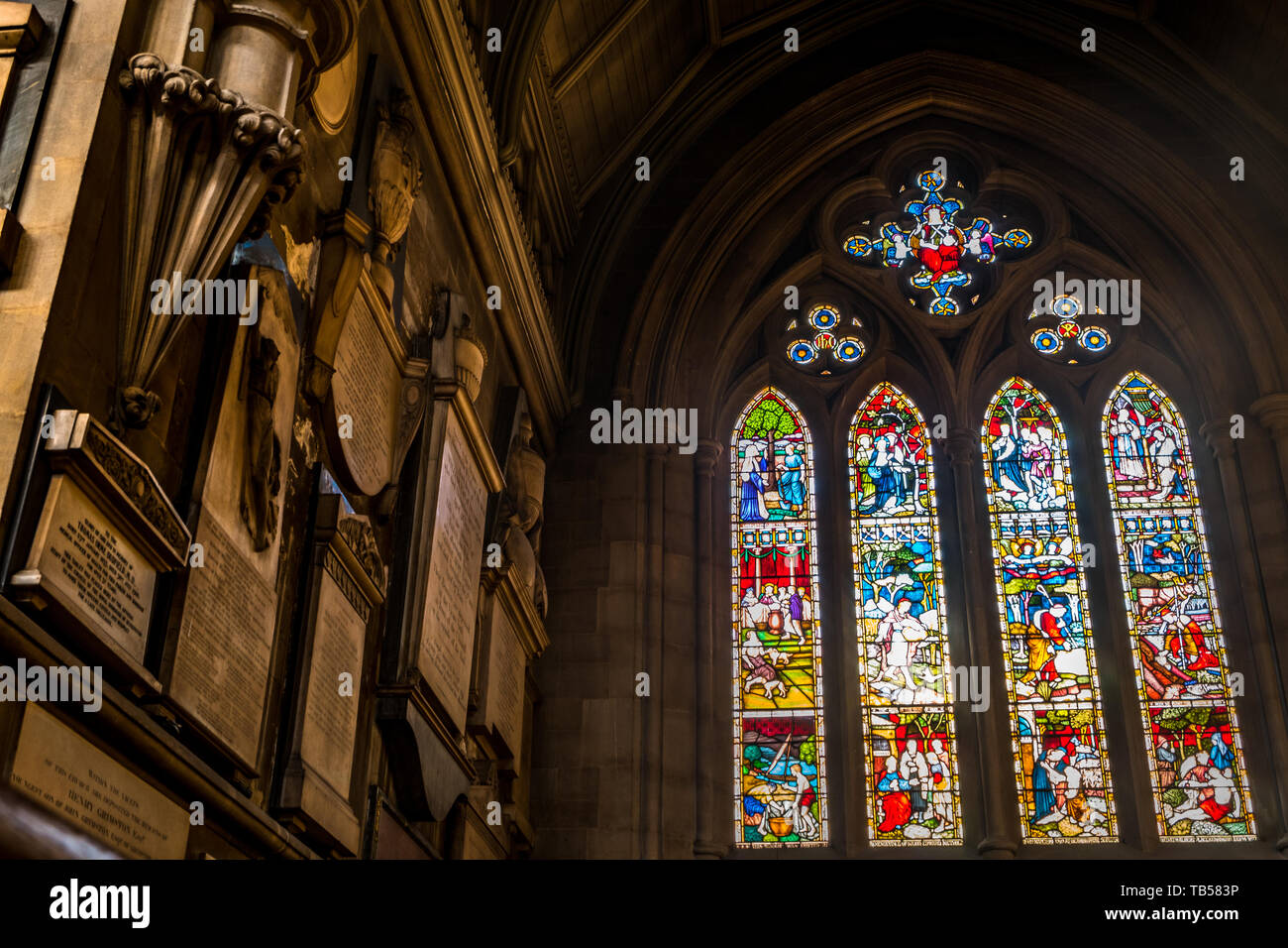 London 23 Mar 2019 Stained glass window illustrated Bible stories