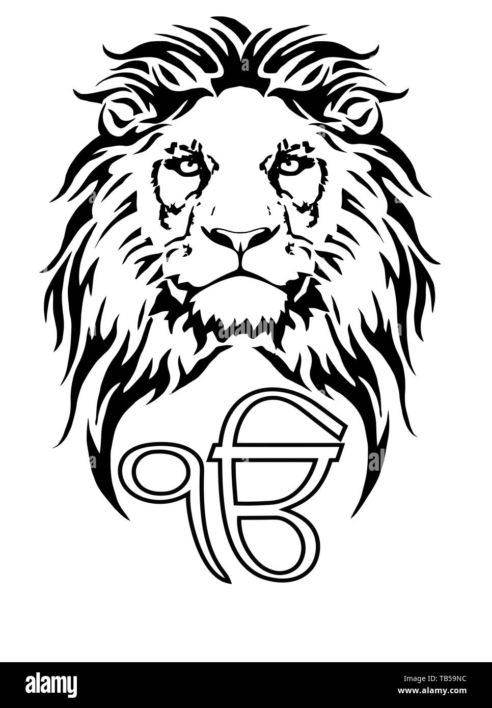 The Lion and the most significant symbol of Sikhism - Sign Ek Onkar, drawing for tattoo, on a white background Stock Photo