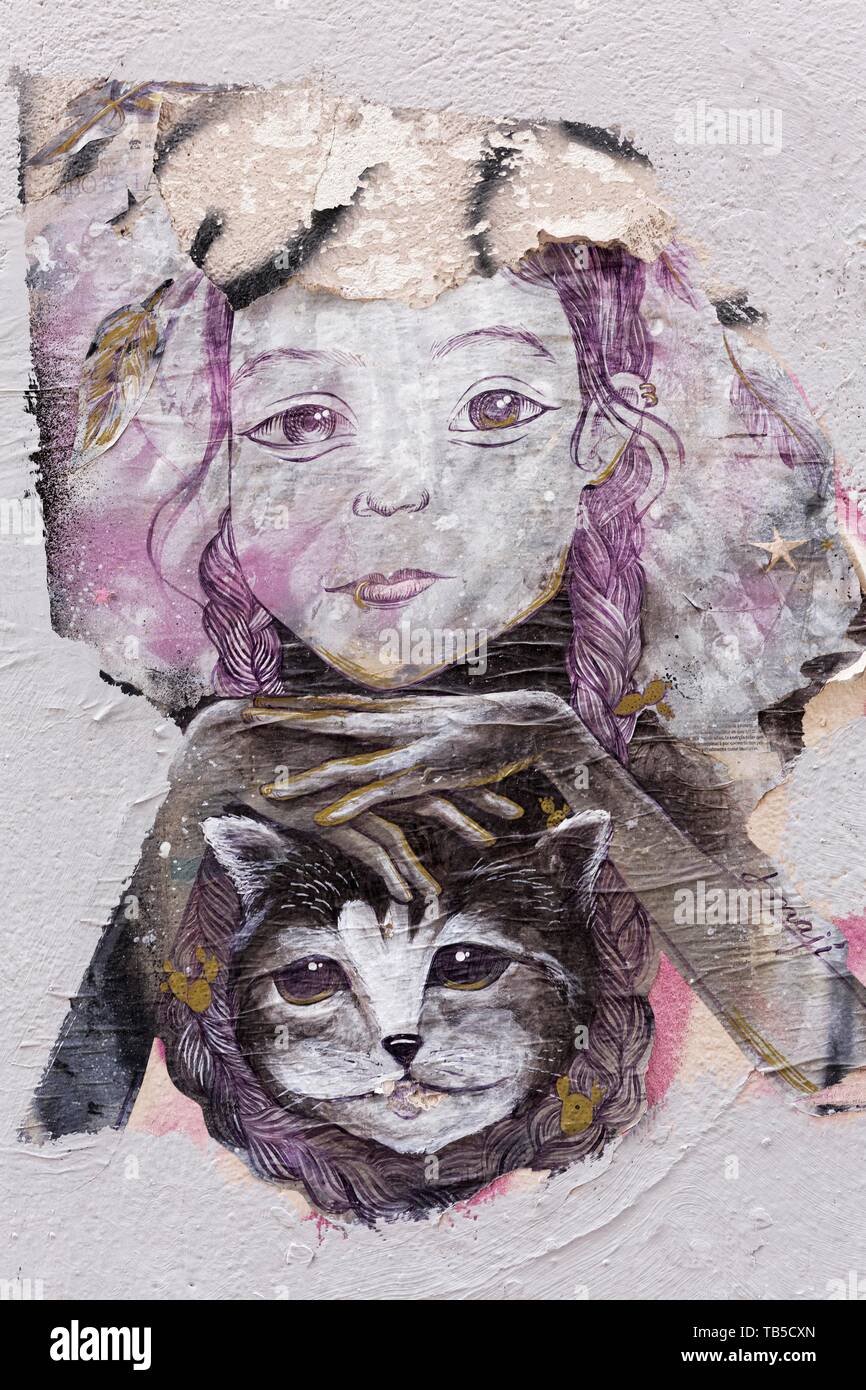 Paste-up, Girl with cat, Street art, Valencia, Carme district, Old town, Valencia, Spain Stock Photo