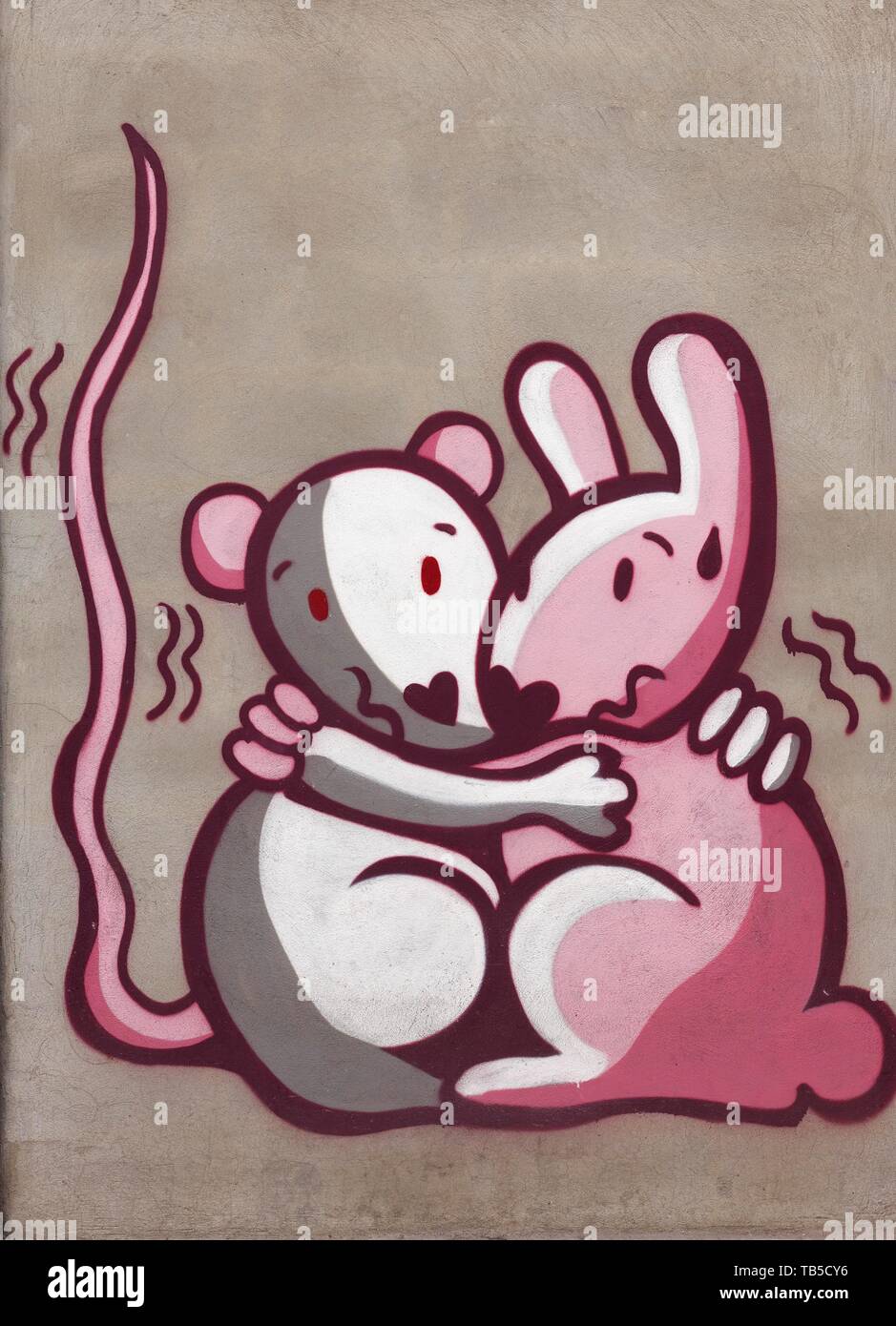 Rabbit embraces mouse, mural, street art, old town El Carme, Valencia, Spain Stock Photo