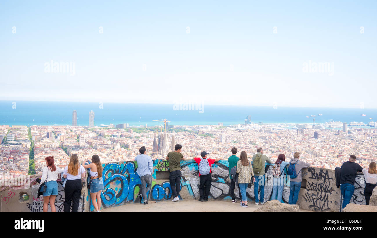 Barcelona, Spain. May 2019. People watching panorama view of Barcelona on Bunkers del Carmel Stock Photo