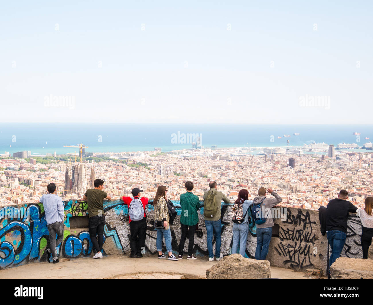 Barcelona, Spain. May 2019. People watching panorama view of Barcelona on Bunkers del Carmel Stock Photo