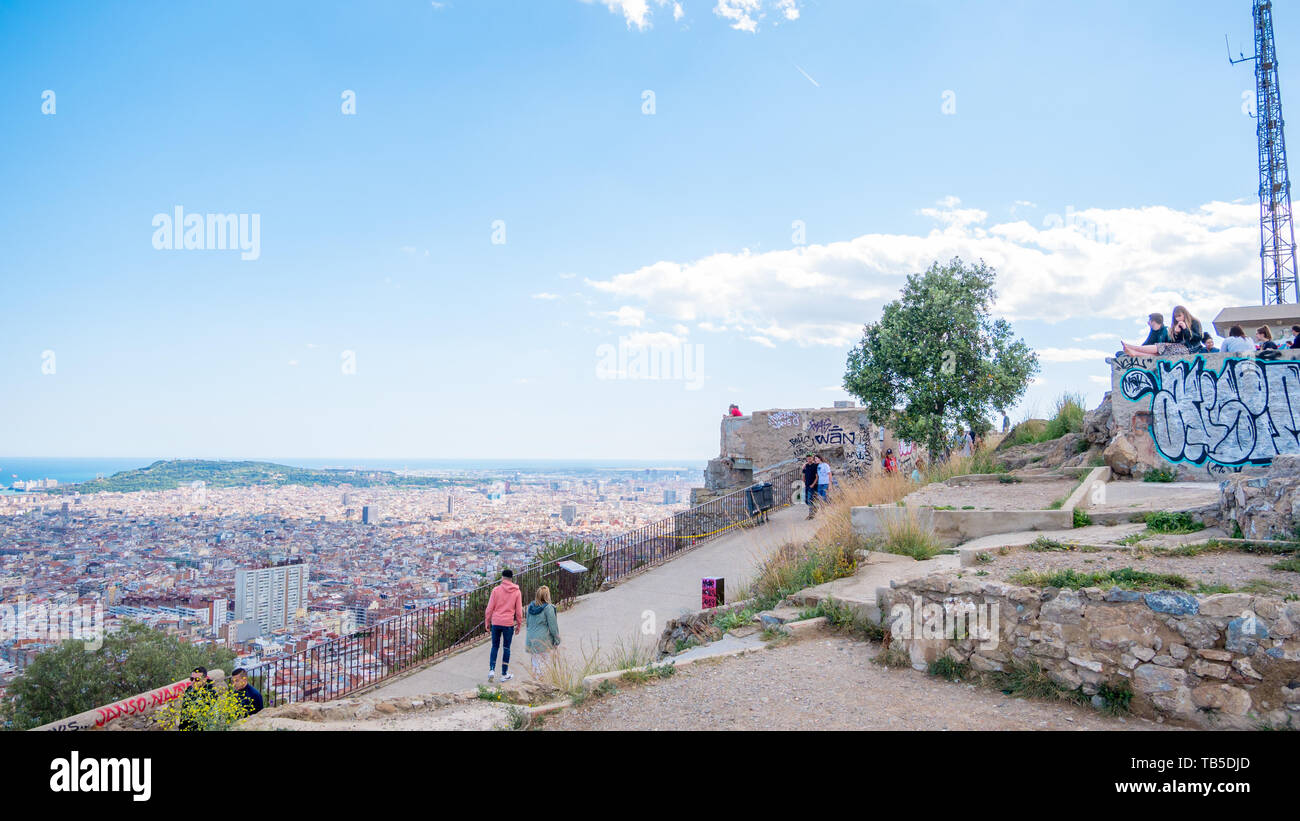 Barcelona, Spain. May 2019. People watching panorama view of Barcelona on Bunkers del Carmel Stock Photo