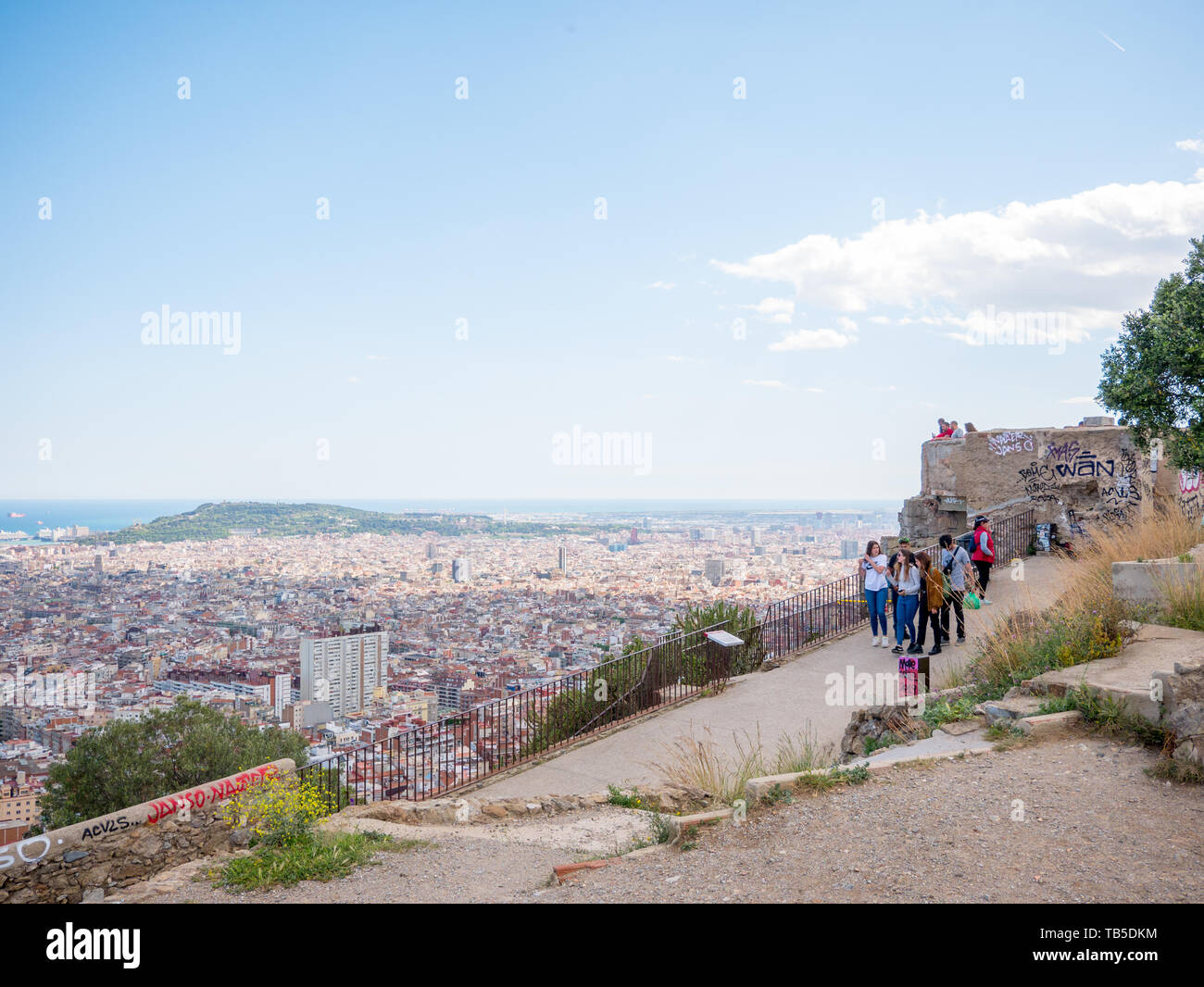 Barcelona, Spain. May 2019. People watching panorama view of Barcelona on Bunkers del Carmel Stock Photo