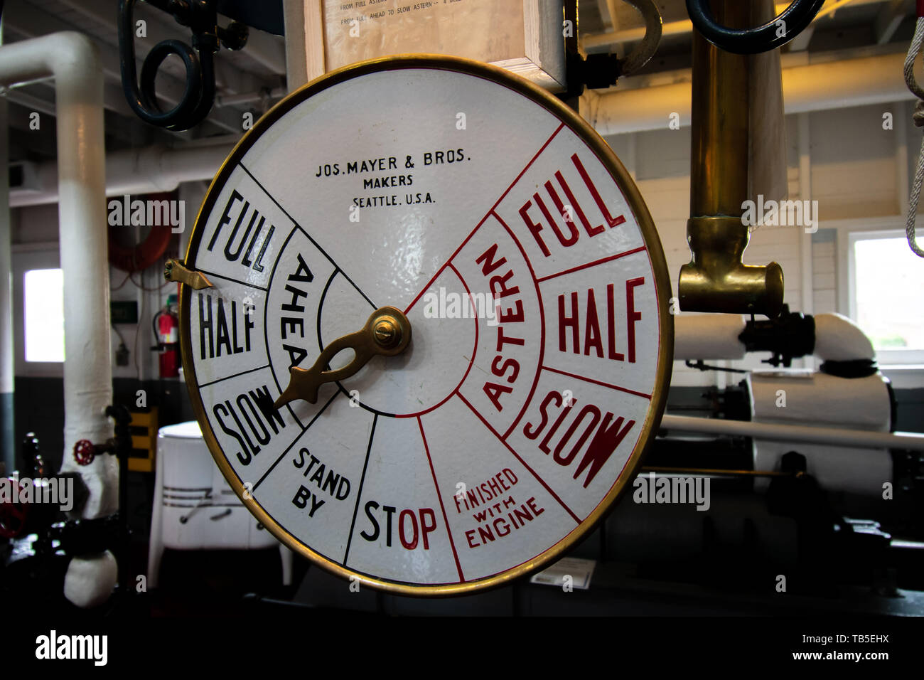 Dial In Engine Room of W.T. Preston, Anacortes, Washington Stock Photo