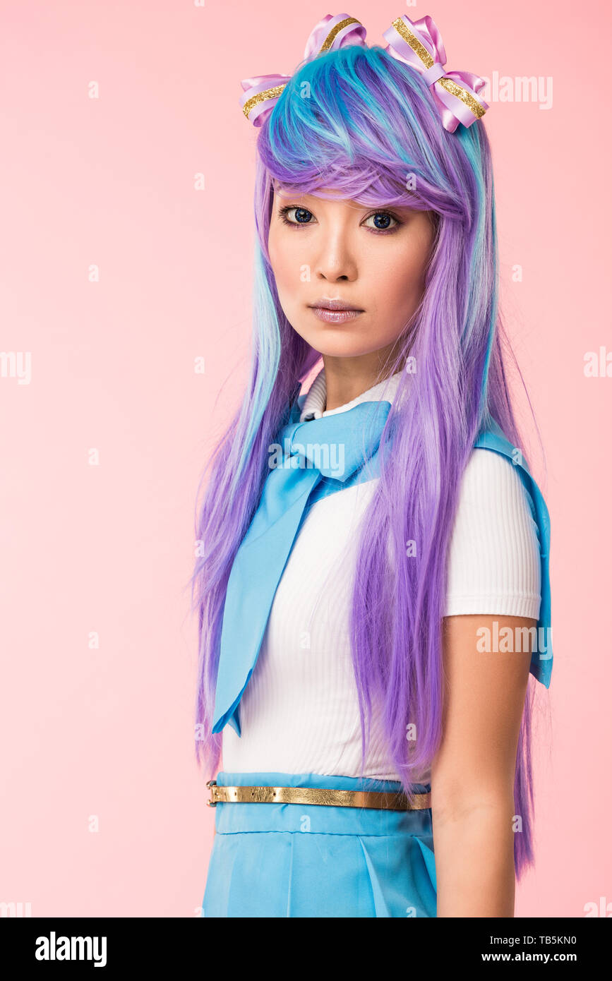 Beautiful Asian Anime Girl In Purple Wig Looking At Camera
