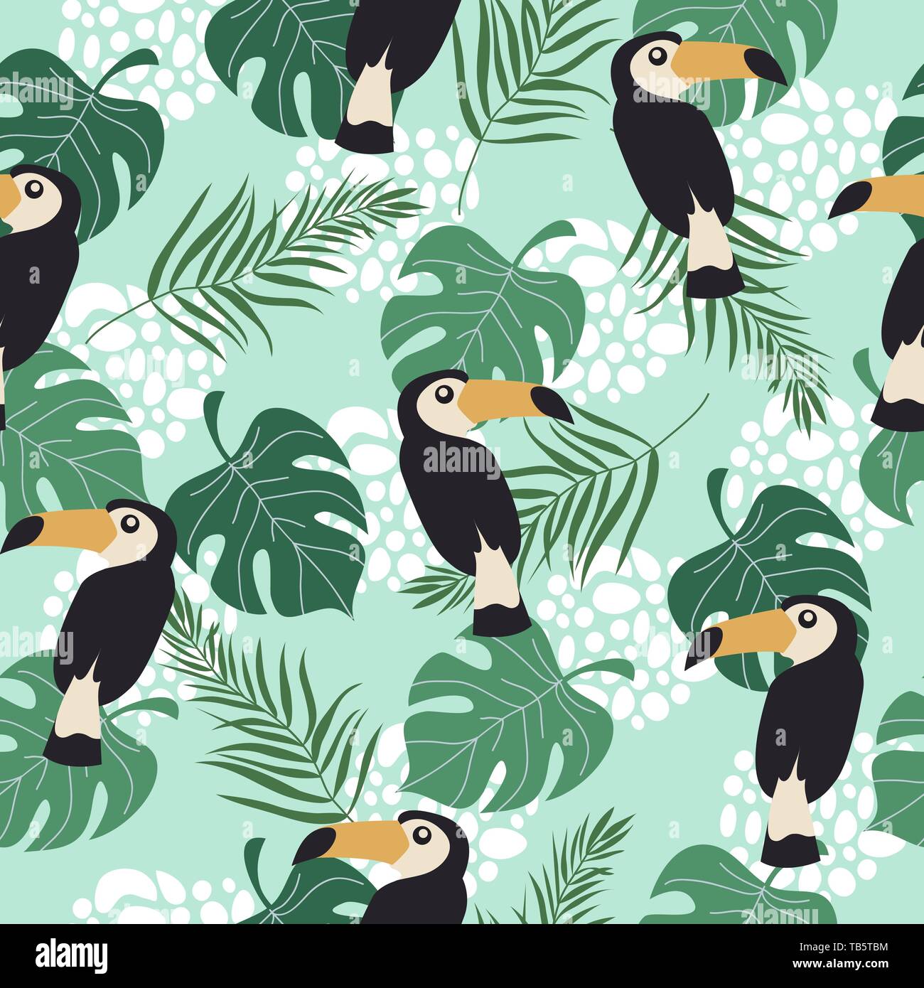 Hand drawn seamless pattern with tropical birds and leaves on blue ...