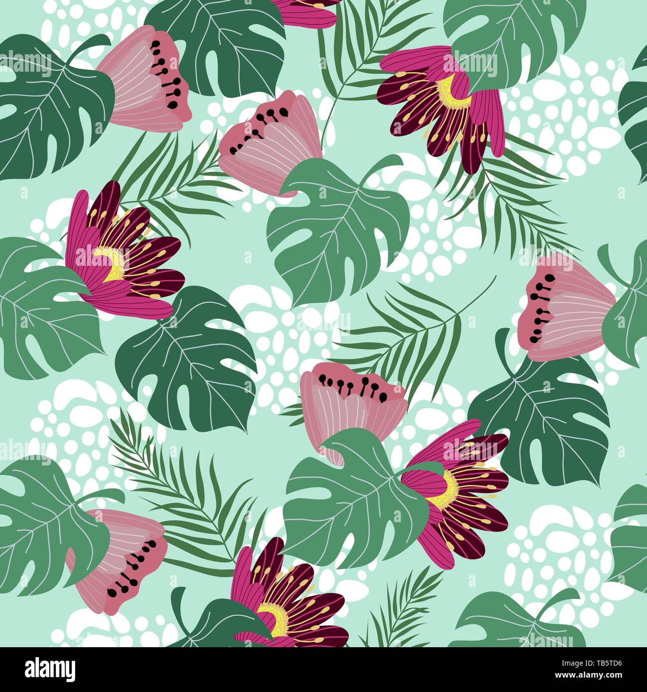 Hand drawn seamless pattern with tropical leaves and flowers on blue ...