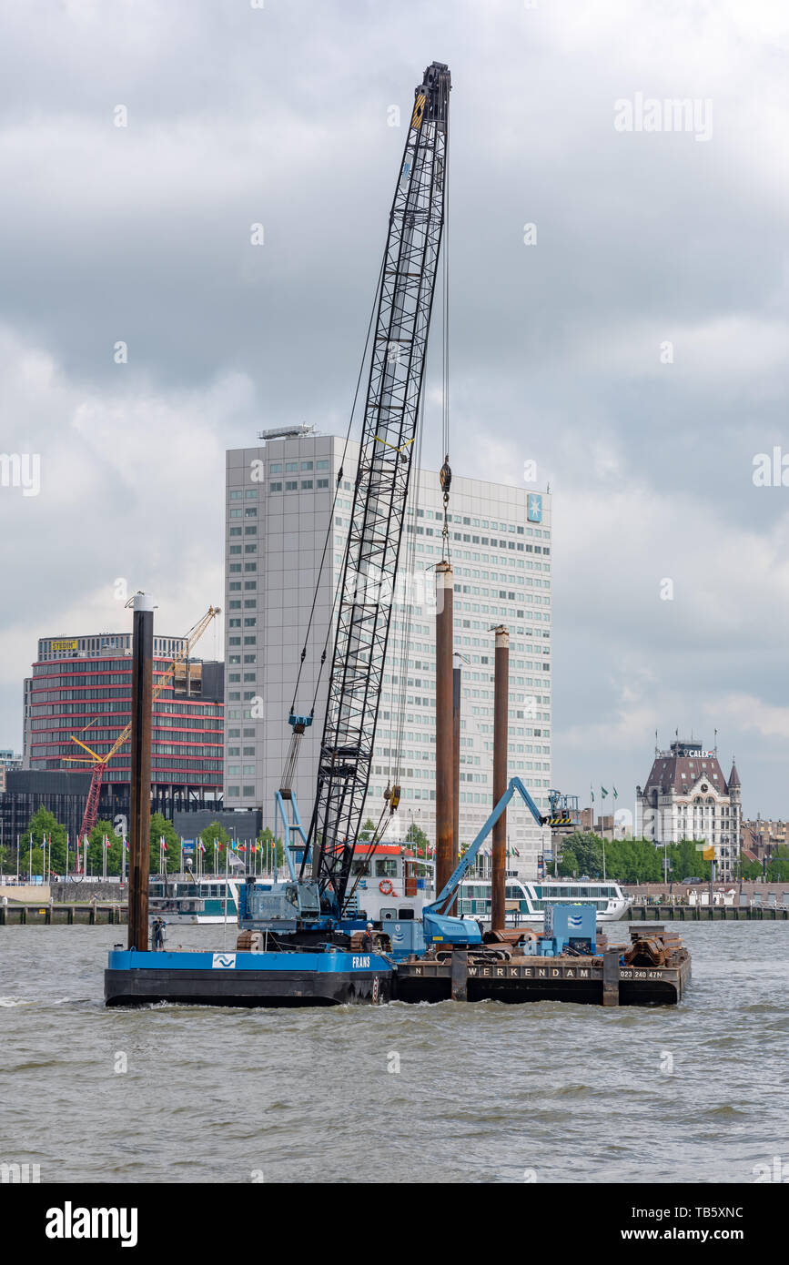 Rotterdam, Netherlands - May 9, 2019 : Floating crane in the new Meuse river in the center of the city Stock Photo