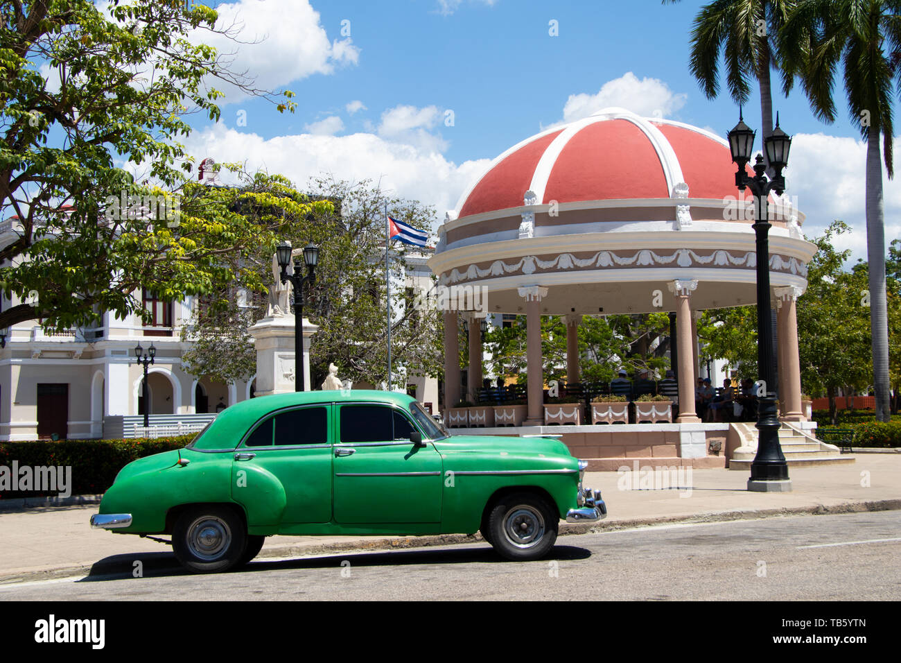 01/04/2019 Cienfuegos, Cuba, Park Jose Marti in Cienfuegos with vintage car Stock Photo