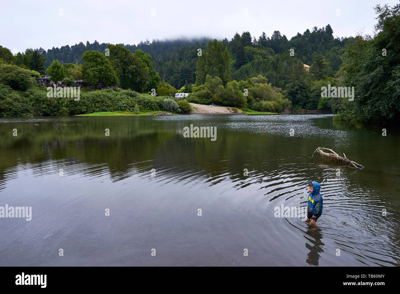 Boy with hooded jacket and shorts enters the cold water of the Russian  River at Casini Ranch on a cool and foggy summer day Stock Photo - Alamy