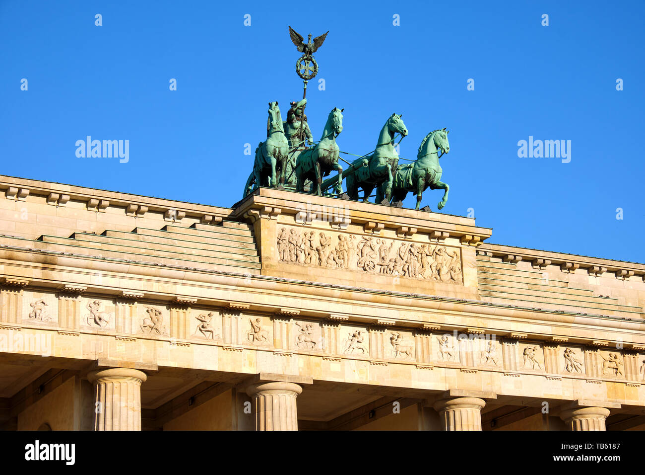 Detail of the Quadriga on top of the famous Brandenburg Gate in Berlin Stock Photo