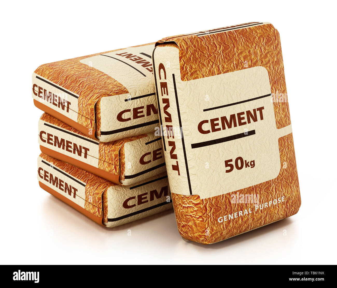 Cement bags with generic package design isolated on white background. 3D illustration. Stock Photo