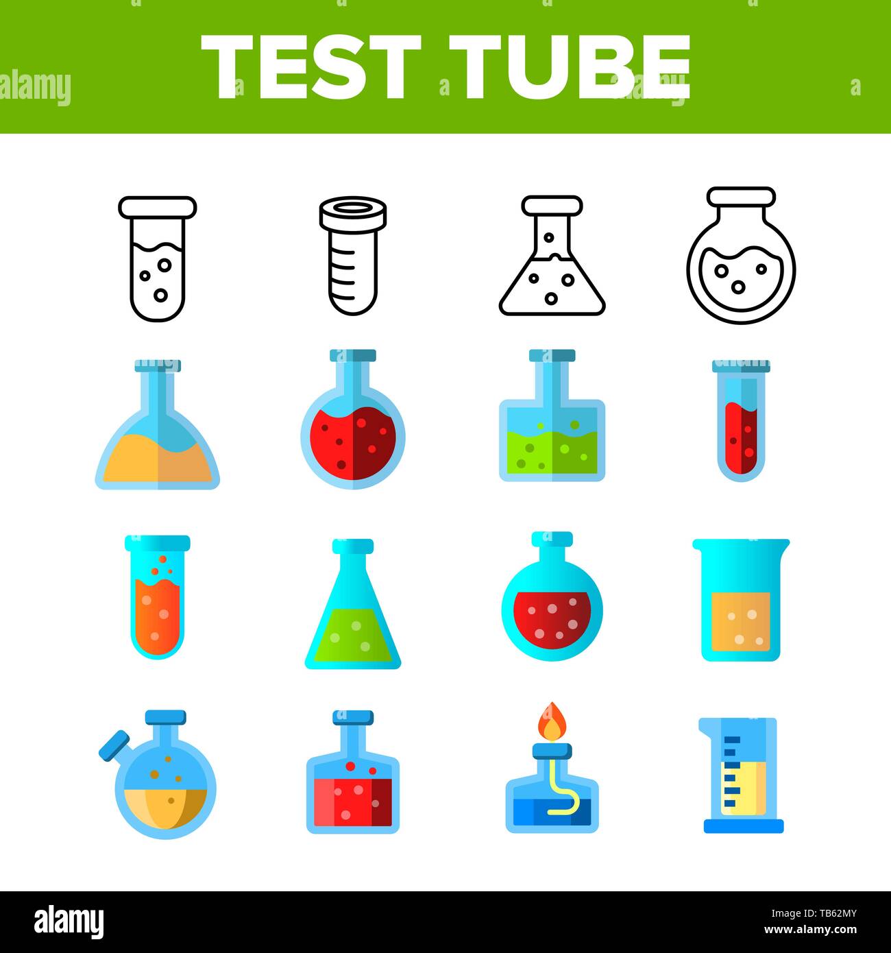 Test Tubes And Flasks Vector Color Icons Set. Chemistry Tubes With Liquid Linear Symbols Pack. Scientific Glassware With Chemical Fluid. Laboratory Re Stock Vector