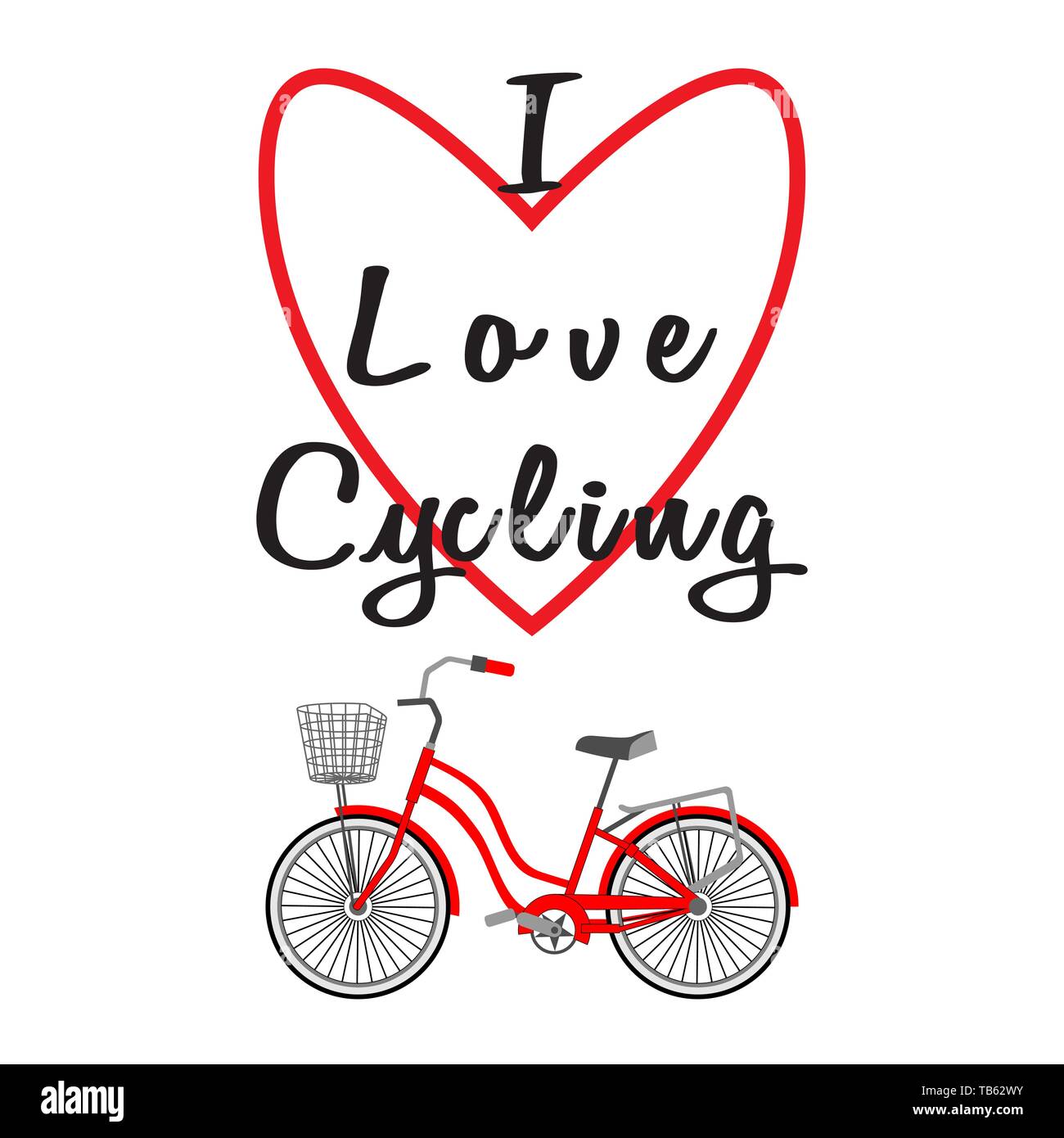 Bicycle with a basket. Lettering - I Love Cycling. Heart contour. Vector illustration on a white background. Modern flat style. Design for advertising Stock Vector