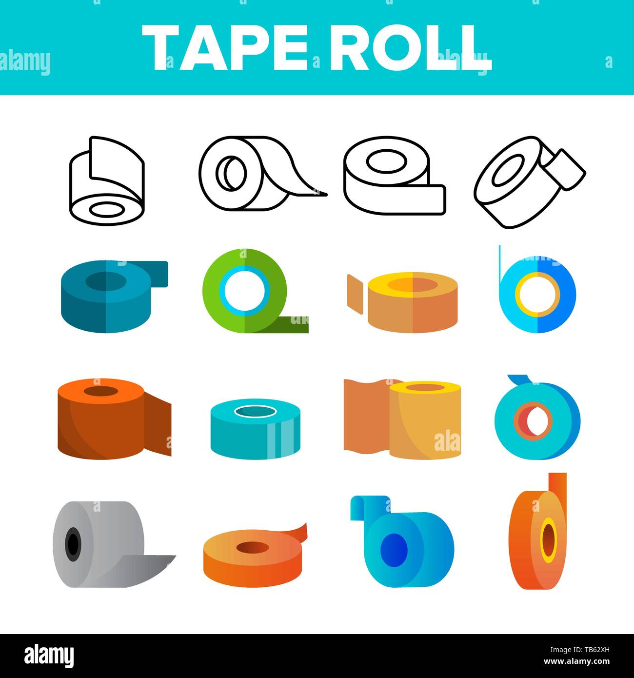 Sticky Tape Rolls Vector Color Icons Set. Adhesive Tape Roll, Office