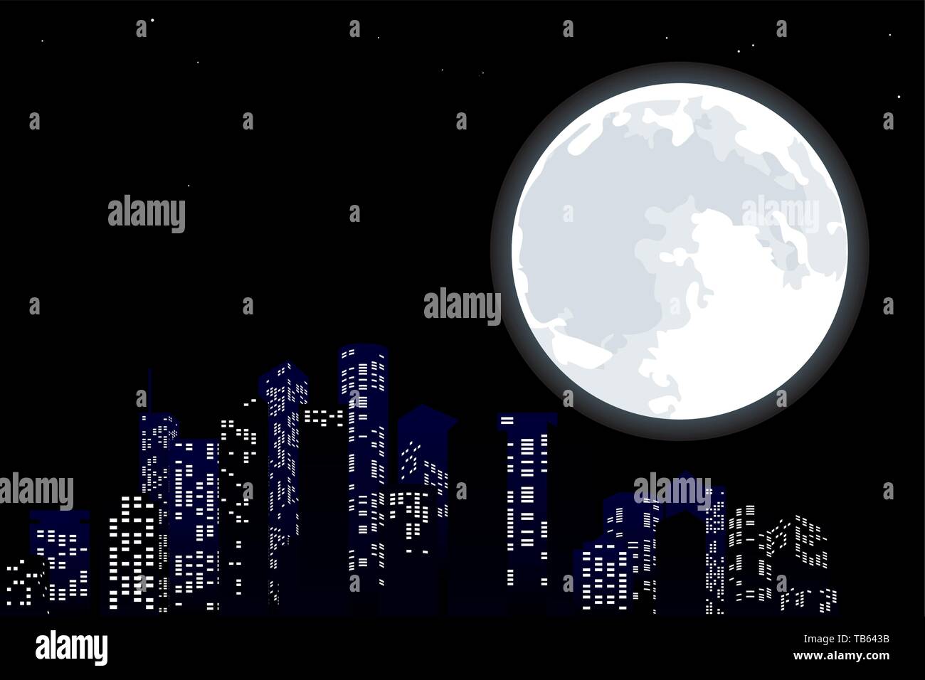 Vector illustration. City skyline at night with a big full moon Stock ...