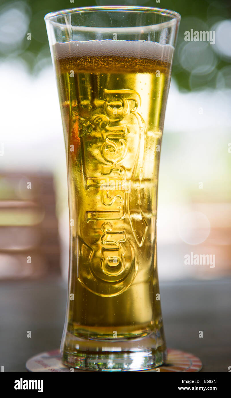 Tall glass of Carlsberg beer on outdoor table with out of focus background  Stock Photo - Alamy