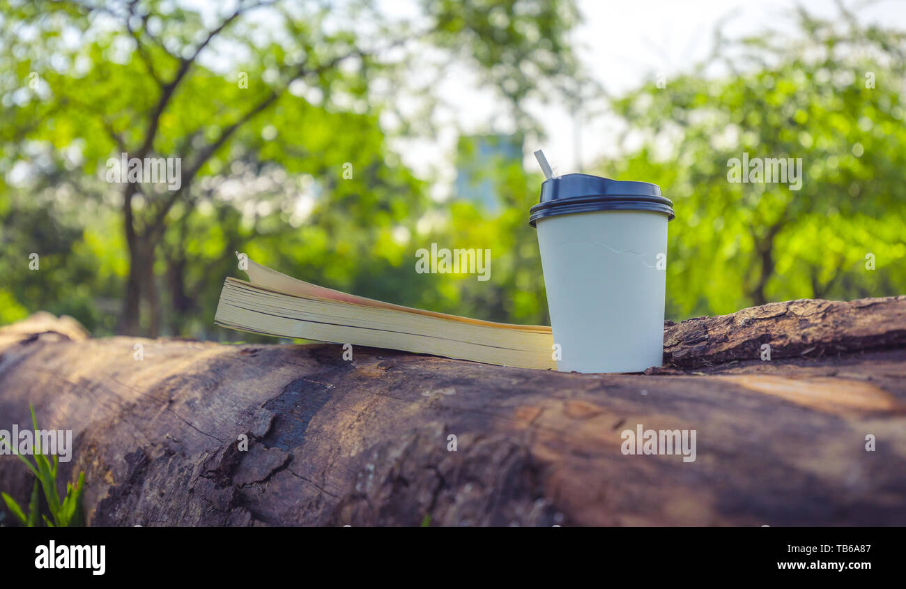 Book and paper cup of coffee in summer sunlight park Stock Photo