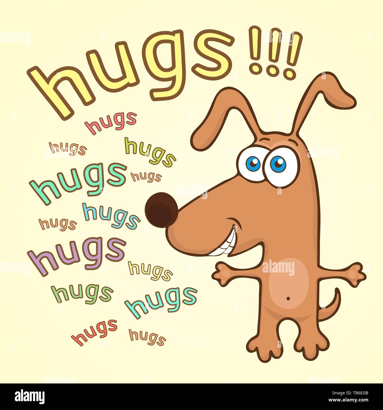 Funny dog, cartoon character, painted cute animal, colorful drawing.  Comical brown puppy open arms for hugs and text, isolated on yellow  background, c Stock Vector Image & Art - Alamy