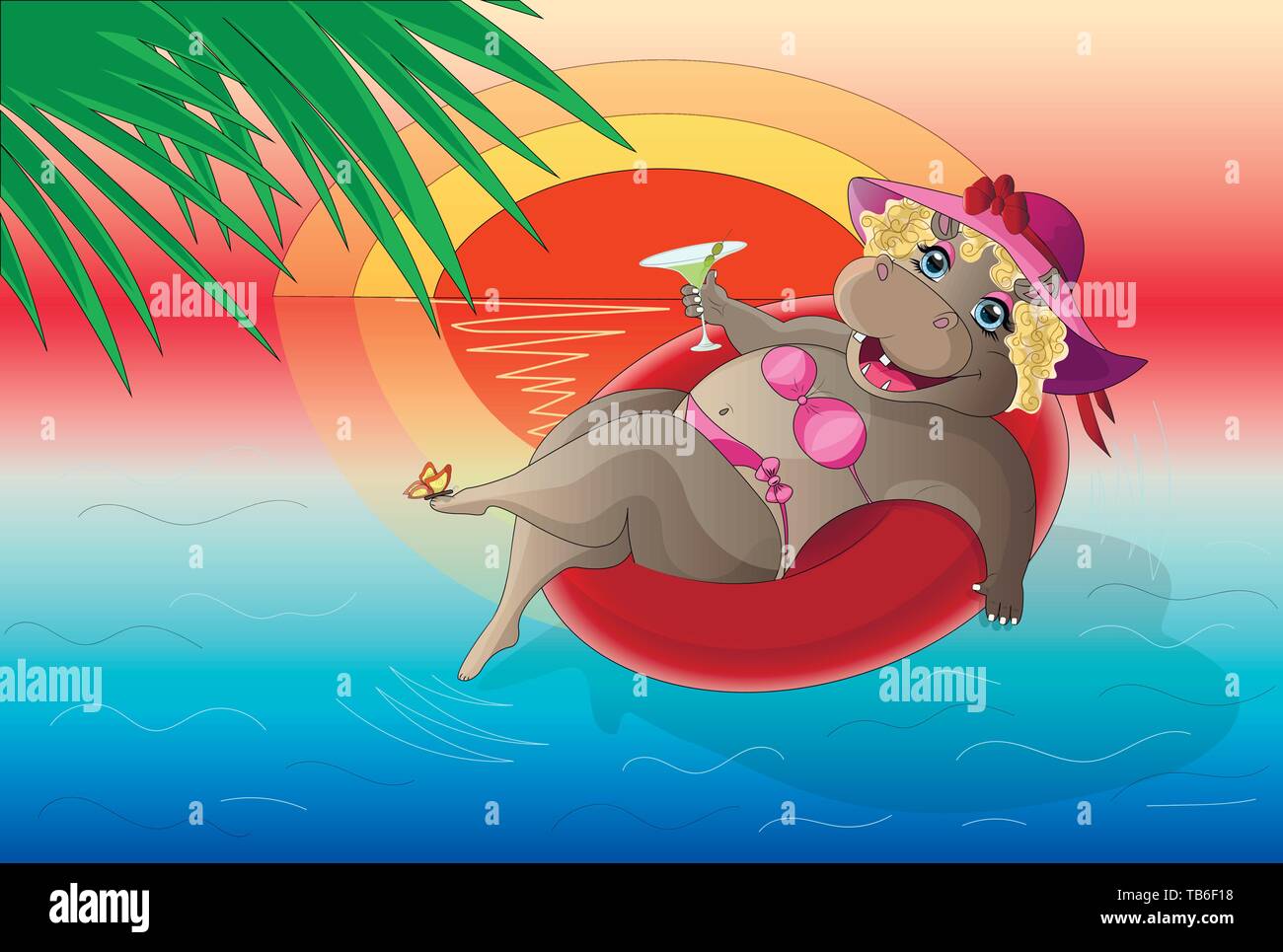 vector drawing of Hippo in a circle on the sea Stock Vector