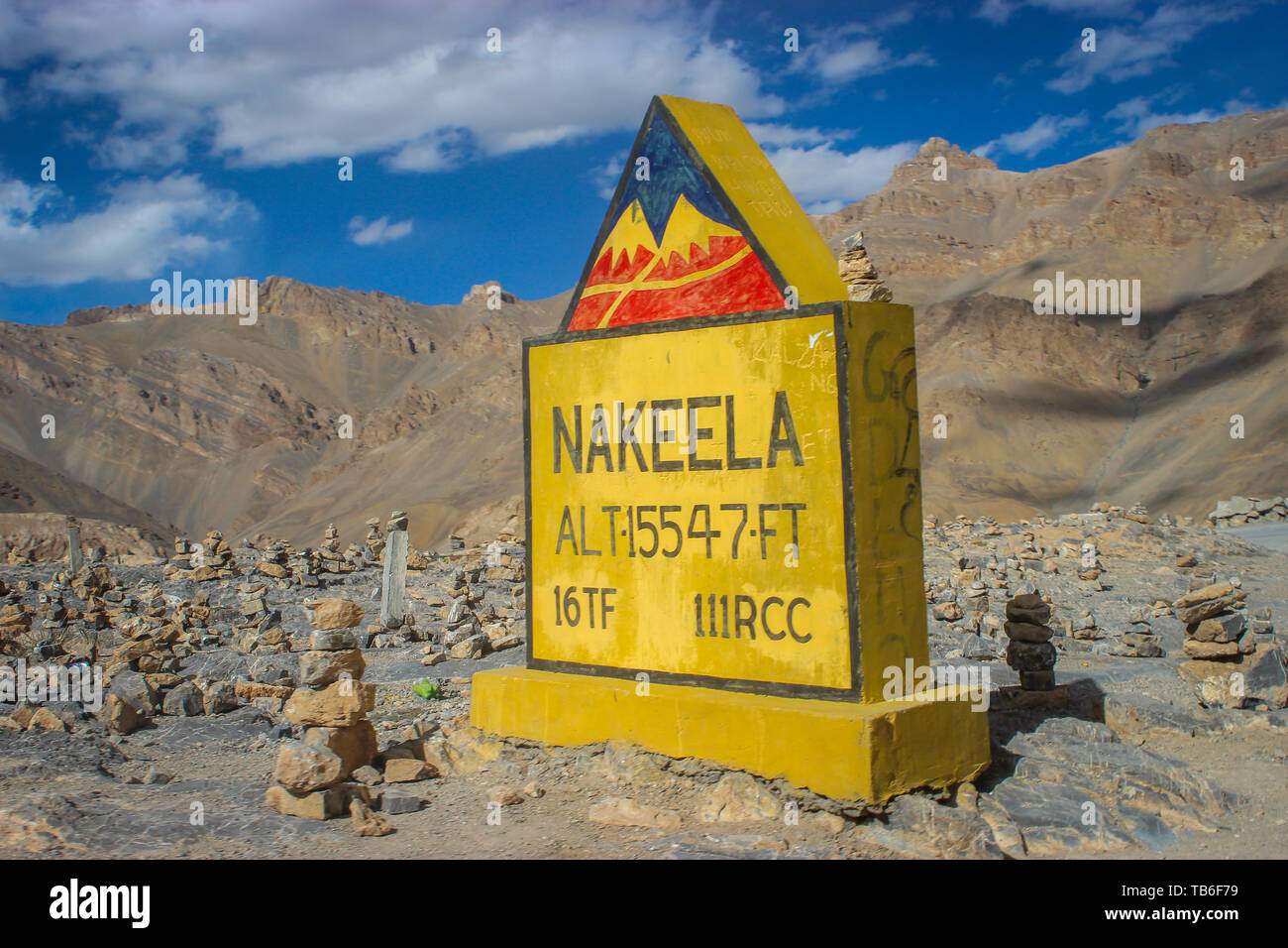 Ladakh, Jammu and Kashmir, India: Dated- May 3, 2019: A milestone at Nakeela Pass in Zanskar Range  enroute Ladakh Stock Photo