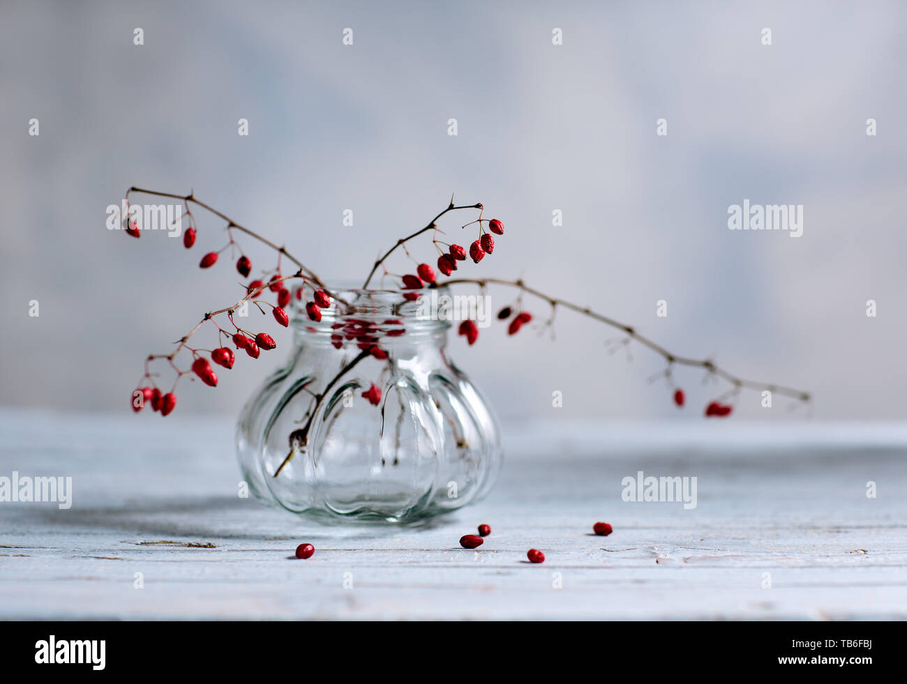 Still Life with Red Berries in glass on wooden board Stock Photo