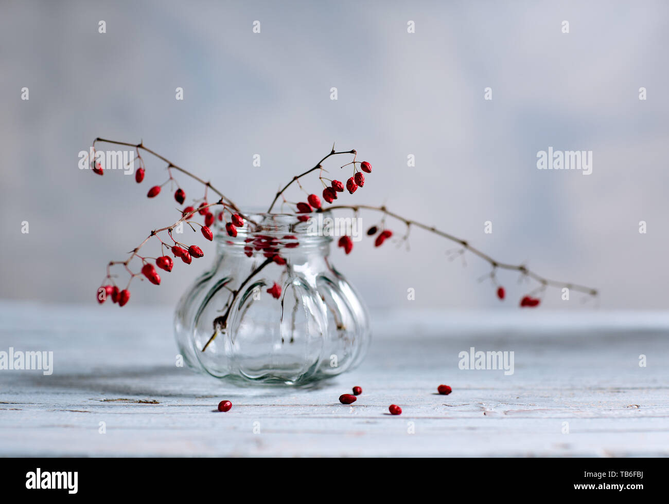 Still Life with Red Berries in glass on wooden board Stock Photo - Alamy