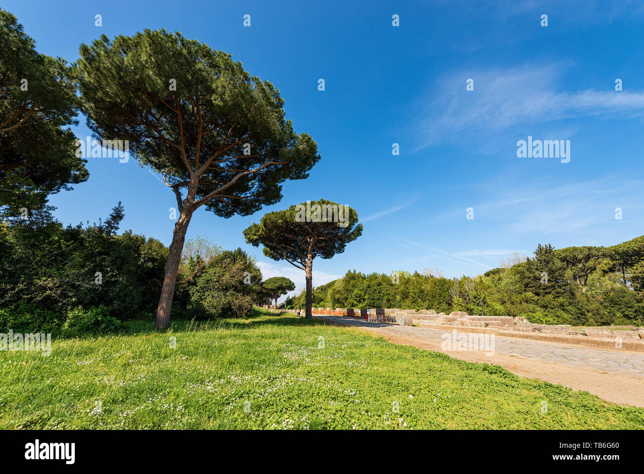 Decumanus Maximus, ancient Roman road in Ostia Antica, colony founded in the 7th century BC. Archeological siteÂ in Rome, UNESCO world heritage site.  Stock Photo