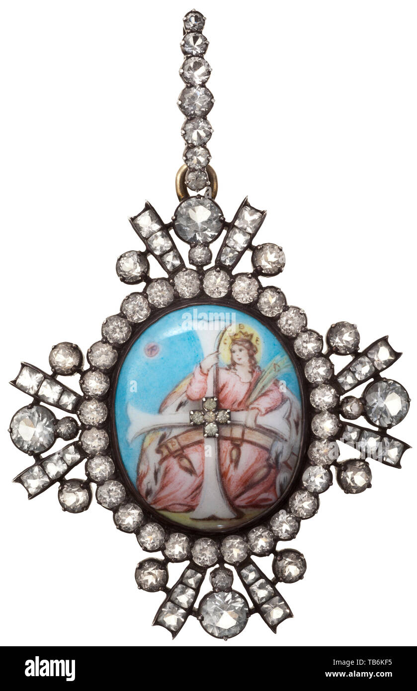 Order of Saint Catherine the Great Martyr (Orden swjatoj wjelikomutschennitzy Jekateriny) - an order decoration of the 1st class in the style of the late 18th century, The badge crafted in silver and gold with 80 rhinestones set à  jour, the obverse and the reverse medallion covered in extremely fine, fired enamel painting and set in gold. As is characteristic of decorations with brilliants, the loop for the suspension ring also made of gold. The suspension ring rubbed due to usage. Width 52 mm. Weight 26.1 g. Although, as regards date, we are un, Additional-Rights-Clearance-Info-Not-Available Stock Photo