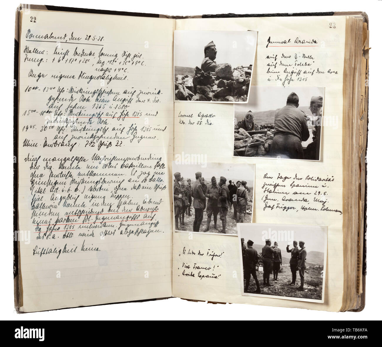 A photo album in form of a diary of a Flak Detachment member in 'Legion Condor (6./F. 88)', The very well-inscribed photo album with circa 215 images and numerous newspaper clippings on the Spanish Civil War. Depicted are high officers in uniform, aircraft and vehicles, destroyed war material, portraits, positions, bombing attacks and bunkers. Also a few drawings, photo negatives and documents, on circa 140 pages with annotations. Good uniform-related photographic material (rank insignia/equipments) of the Condor Legion. Album dimensions 32 x 22 x 4 cm. Wehrmacht, armed for, Editorial-Use-Only Stock Photo