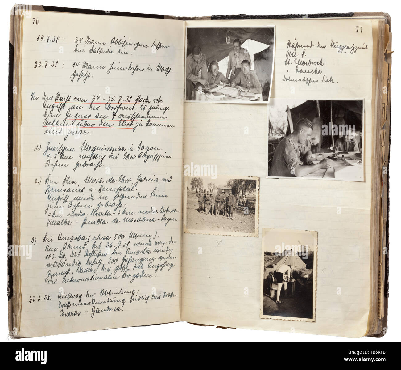 A photo album in form of a diary of a Flak Detachment member in 'Legion Condor (6./F. 88)', The very well-inscribed photo album with circa 215 images and numerous newspaper clippings on the Spanish Civil War. Depicted are high officers in uniform, aircraft and vehicles, destroyed war material, portraits, positions, bombing attacks and bunkers. Also a few drawings, photo negatives and documents, on circa 140 pages with annotations. Good uniform-related photographic material (rank insignia/equipments) of the Condor Legion. Album dimensions 32 x 22 x 4 cm. Wehrmacht, armed for, Editorial-Use-Only Stock Photo