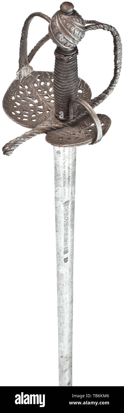 A German campaign sword, circa 1650, Double-edged blade with short fullers and remnants of etching as well as smith's mark of Solingen(?). Iron hilt with openwork and finely chiselled decoration, asymmetrical guard plates and thumb ring. Older grip with elaborate wire wrap and Turk's heads. Length 102 cm. sword, swords, weapons, arms, weapon, arm, fighting device, military, militaria, object, objects, stills, clipping, clippings, cut out, cut-out, cut-outs, melee weapon, melee weapons, metal, historic, historical 17th century, Additional-Rights-Clearance-Info-Not-Available Stock Photo