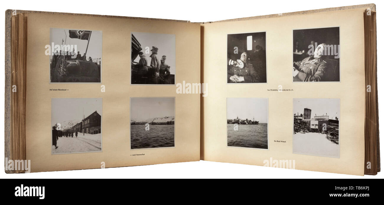 A presented photo album to Josef Terboven (1898 - 1945), Gauleiter of Essen and Reich Commissioner (RK) for Norway, The large-format album has a total of circa 320 photos from the trip of RK J. Tervoben to Norway, Lapland and Karelia in the spring of 1943. Cover (loosened) of linen-covered cardboard, the flyleaf and photo pages with printed descriptions. Shown are the RK visiting troops in Norway, good naval technical images and photos from Tromsö, Engerlö, Narvik, Rundhaug, Djupvik, Kvenangen, Alta, Hammerfest, Banak, Skoganvarra, Alakurt and other locations. Also, meeting, Editorial-Use-Only Stock Photo