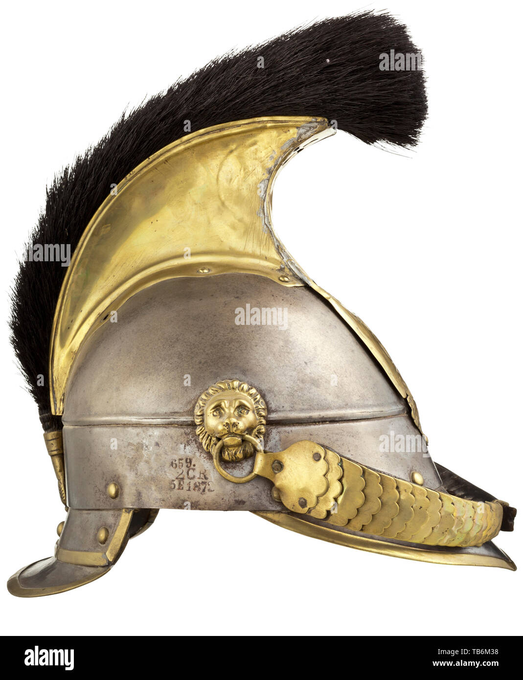 Body armour, helmets, Bavarian Cuirassier helmet model 1842 for enlisted men, steel with brass, Editorial-Use-Only Stock Photo