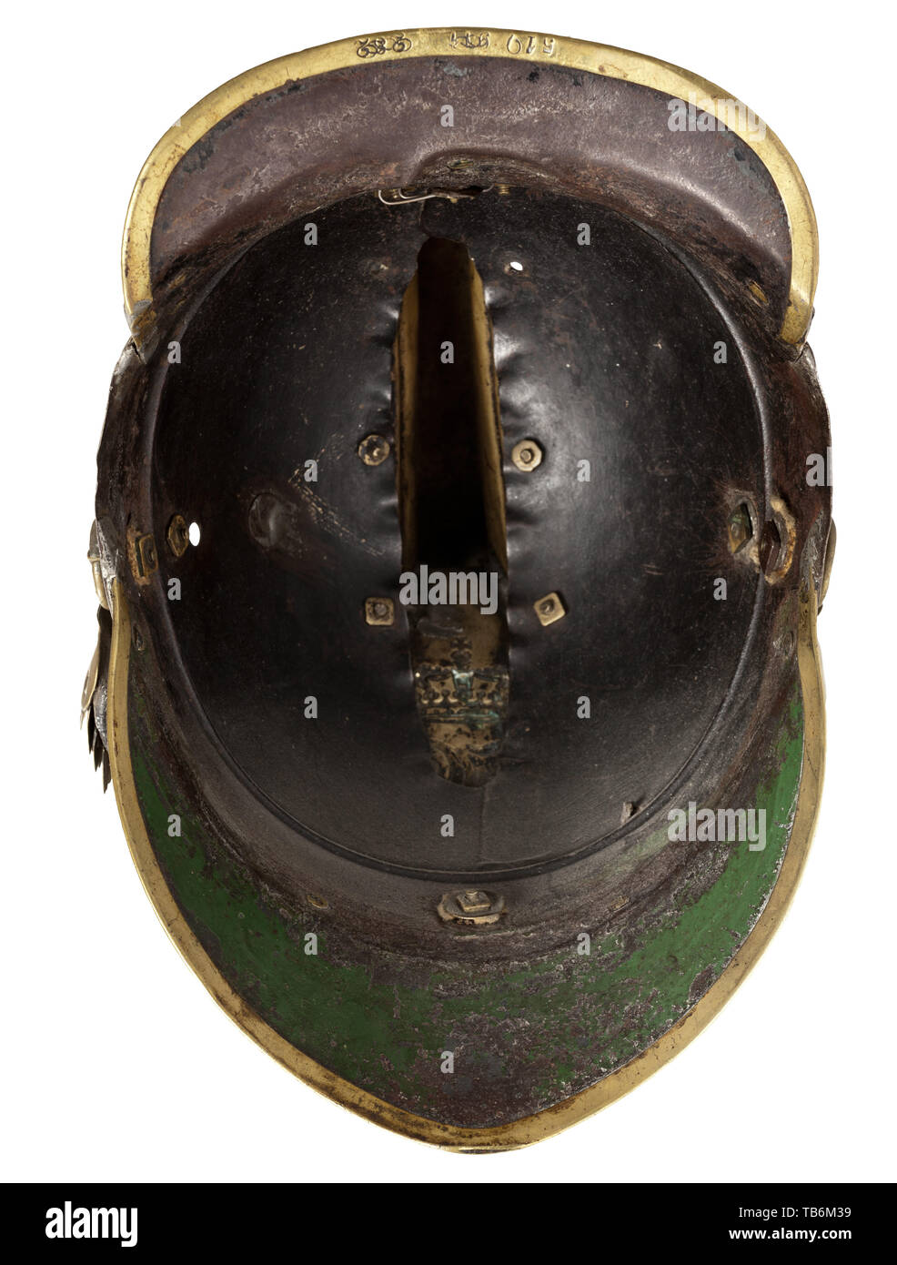 Body armour, helmets, Bavarian Cuirassier helmet model 1842 for enlisted men, steel with brass, interior, Editorial-Use-Only Stock Photo