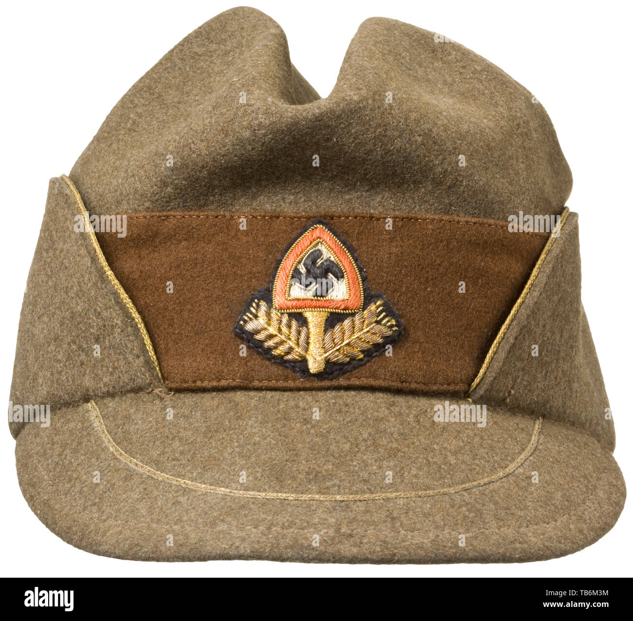 A cap for a RAD Generalarbeitsführer, The so-called 'coffee bean' in earth-brown wool felt with brown cap band, gold pipings and gold embroidered cap badge. Golden-yellow silk liner (signs of usage) with inserted owner tag 'O.E.' and brown leather sweatband. A rare head covering in this rank. In the following lot we offer the corresponding tunic. 20th century, 1930s, Reichsarbeitsdienst, Reich Labor Service, State Labour Service, organisation, organization, organizations, organisations, NS, National Socialism, Nazism, Third Reich, German Reich, Germany, National Socialist, , Editorial-Use-Only Stock Photo
