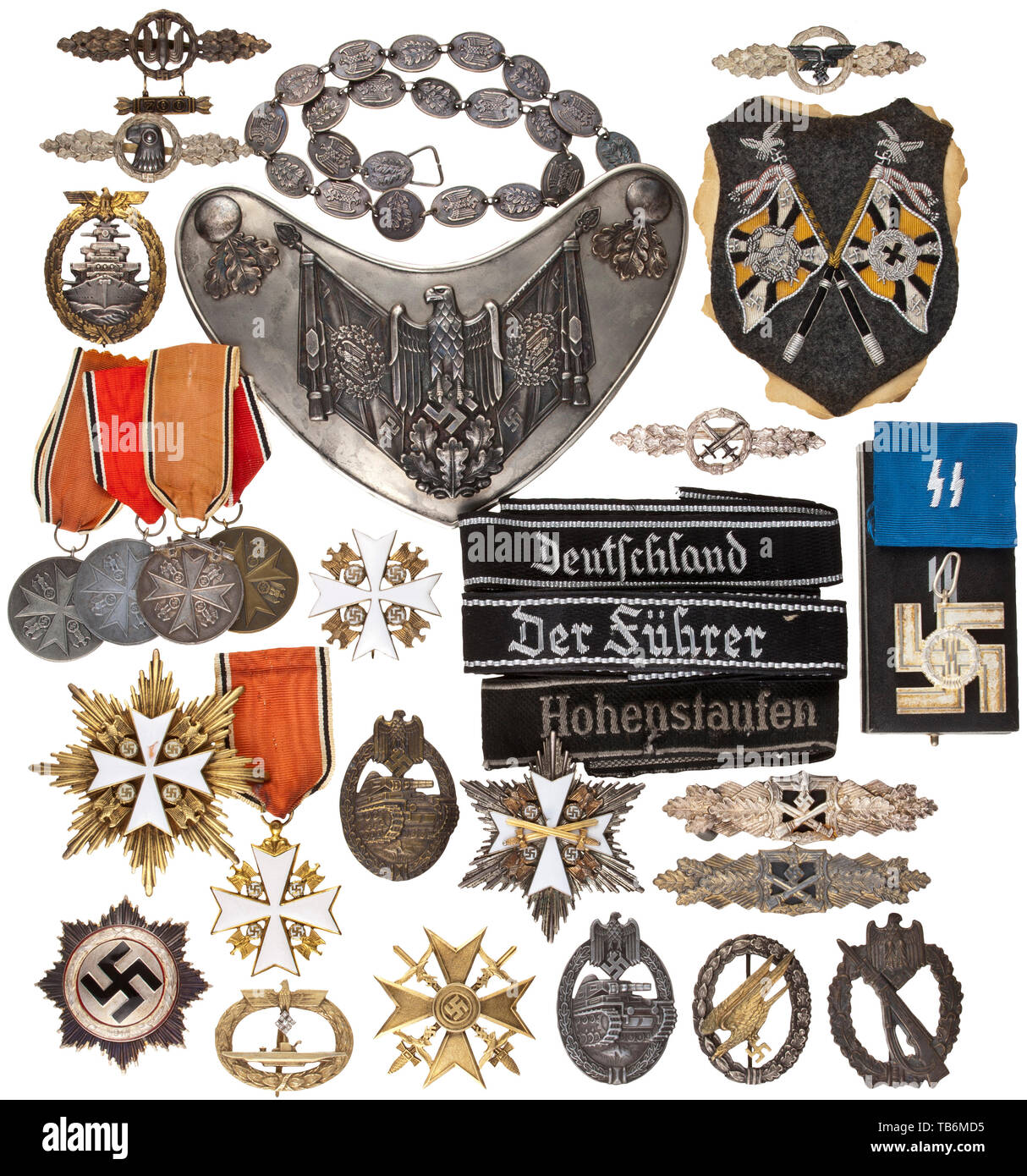 A group of 29 high-quality collector's reproductions, Including a cased U-Boat War Badge with brilliants, a cased Spanish Cross in Gold, various grades of the Order of the German Eagle, the High Seas Fleet War Badge, Parachutist Badge, Tank Battle Badge, Close Combat and Squadron clasps, cased German Cross in Silver, cased SS Long Service Award, badges and gorgets for flag bearers, several cuff titles etc. medal, decoration, medals, decorations, badge of honour, badge of honor, badges of honour, badges of honor, object, objects, stills, clipping, clippings, cut out, cut-out, Editorial-Use-Only Stock Photo