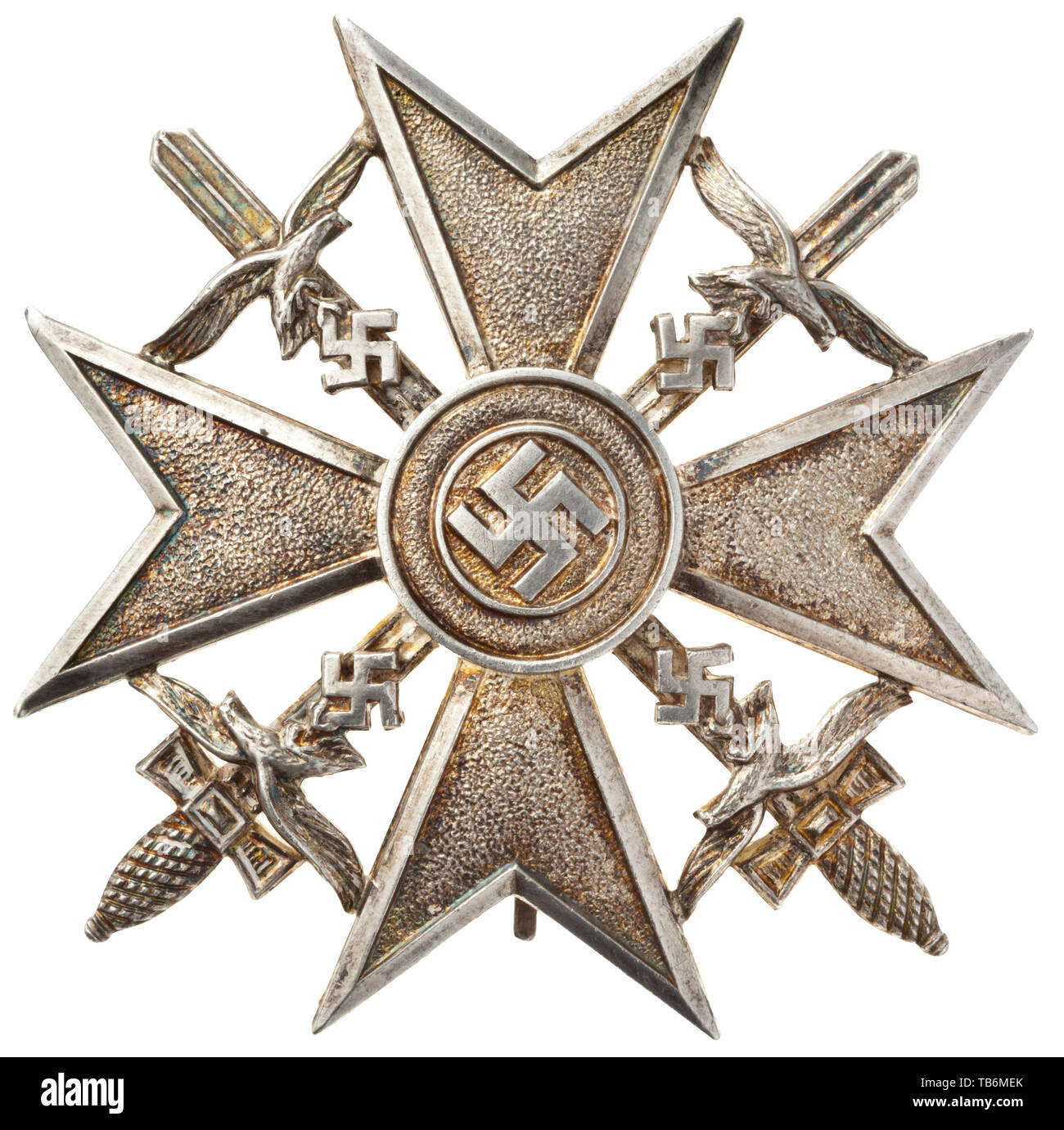 A Spanish Cross in Silver with Swords, Convex cross and swords struck in silver, separately soldered Luftwaffe eagles and superimposed medallion. Fine production quality with polished edges and curved attachment pin on a massive hinge. Made by the Meybauer firm or Juncker in the first awards series of 1939 with reverse '900' silver punch. Width 56.7 mm. Weight 37.1 g. 20th century, 1930s, 1940s, awards, award, German Reich, Third Reich, Nazi era, National Socialism, object, objects, stills, medal, decoration, medals, decorations, clipping, cut out, cut-out, cut-outs, honor,, Editorial-Use-Only Stock Photo