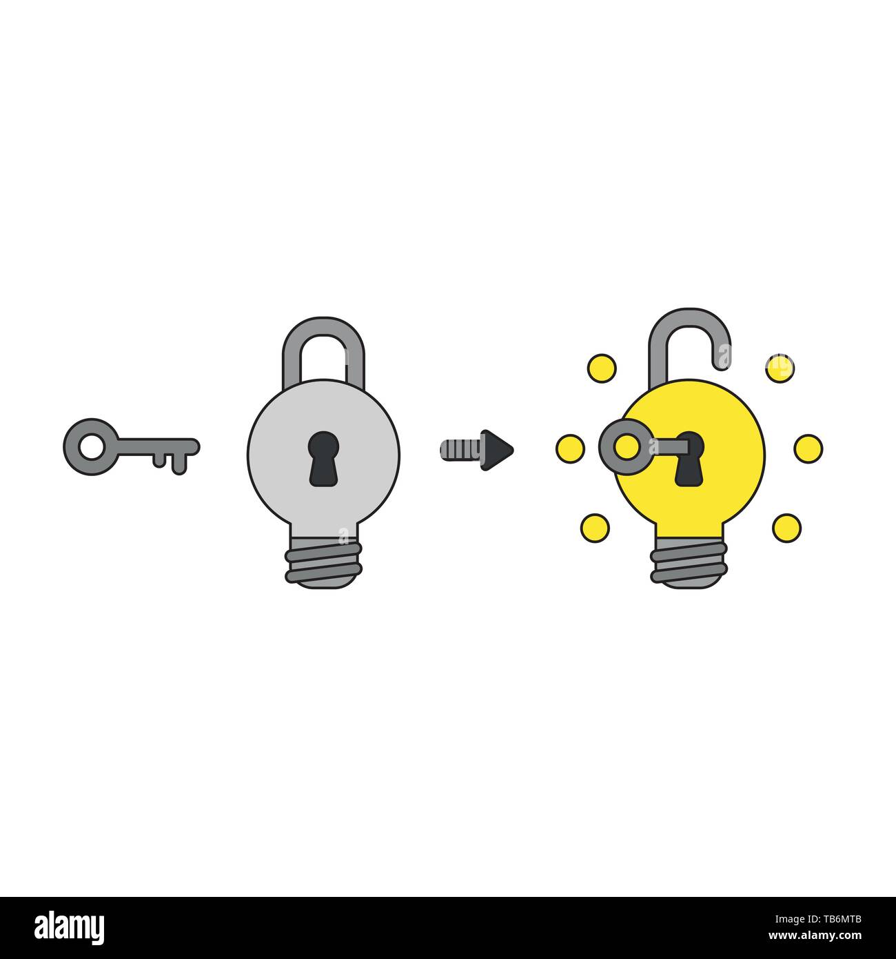 Vector icon concept of light bulb padlock with key into keyhole and ...
