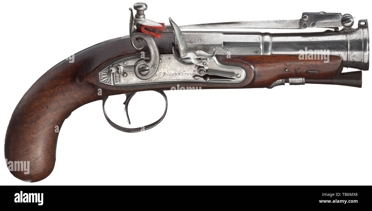 A blunderbuss pistol with spring-loaded bayonet, Ryan & Watson in Birmingham, circa 1800, Octagonal, after facets and balusters round barrel with tunnel-shaped muzzle, at top a spring-loaded bayonet, several acceptance marks at the breech. Engraved flintlock with sliding safety, signed lock plate. Walnut full stock with en suite engraved iron furniture. Wooden ramrod with horn tip and bullet puller. Length 27 cm. civil handgun, civil handguns, handheld, gun, guns, firearm, fire arm, firearms, fire arms, weapons, arms, weapon, arm, historic, histo, Additional-Rights-Clearance-Info-Not-Available Stock Photo