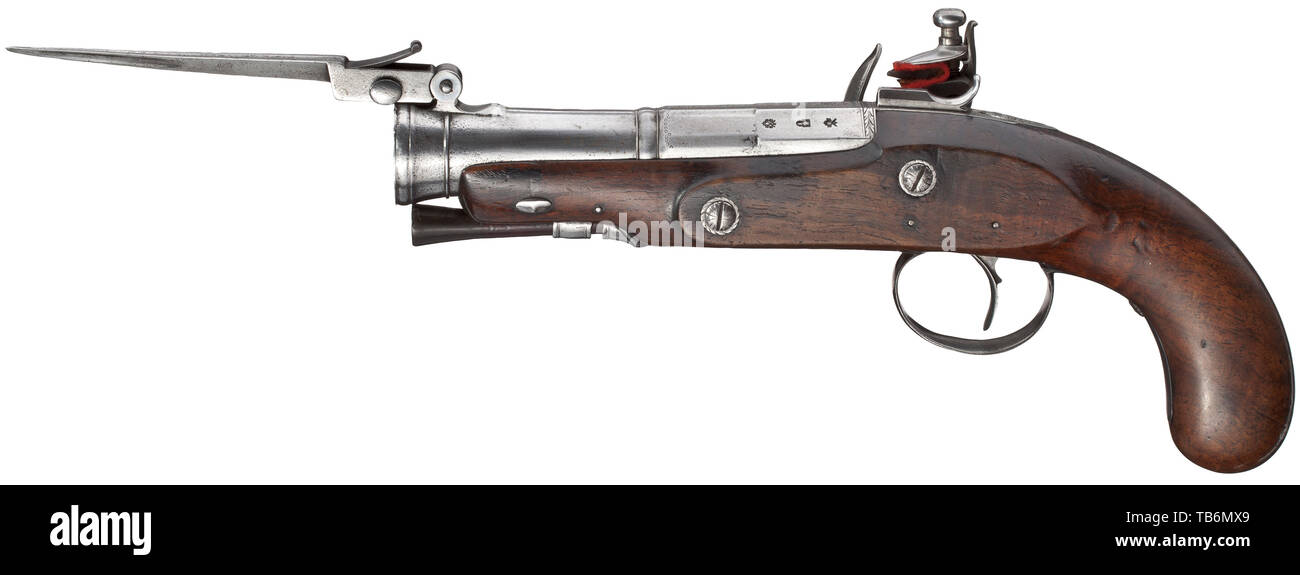 A blunderbuss pistol with spring-loaded bayonet, Ryan & Watson in Birmingham, circa 1800, Octagonal, after facets and balusters round barrel with tunnel-shaped muzzle, at top a spring-loaded bayonet, several acceptance marks at the breech. Engraved flintlock with sliding safety, signed lock plate. Walnut full stock with en suite engraved iron furniture. Wooden ramrod with horn tip and bullet puller. Length 27 cm. civil handgun, civil handguns, handheld, gun, guns, firearm, fire arm, firearms, fire arms, weapons, arms, weapon, arm, historic, histo, Additional-Rights-Clearance-Info-Not-Available Stock Photo