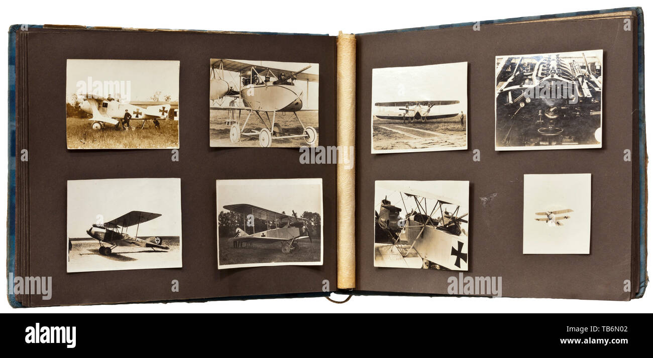 A photo album of Aviation Unit 250 (Artillery), The large format album with  circa 155 images plus a few picture postcards. Shown are many images with  biplanes marked with an Iron Cross,