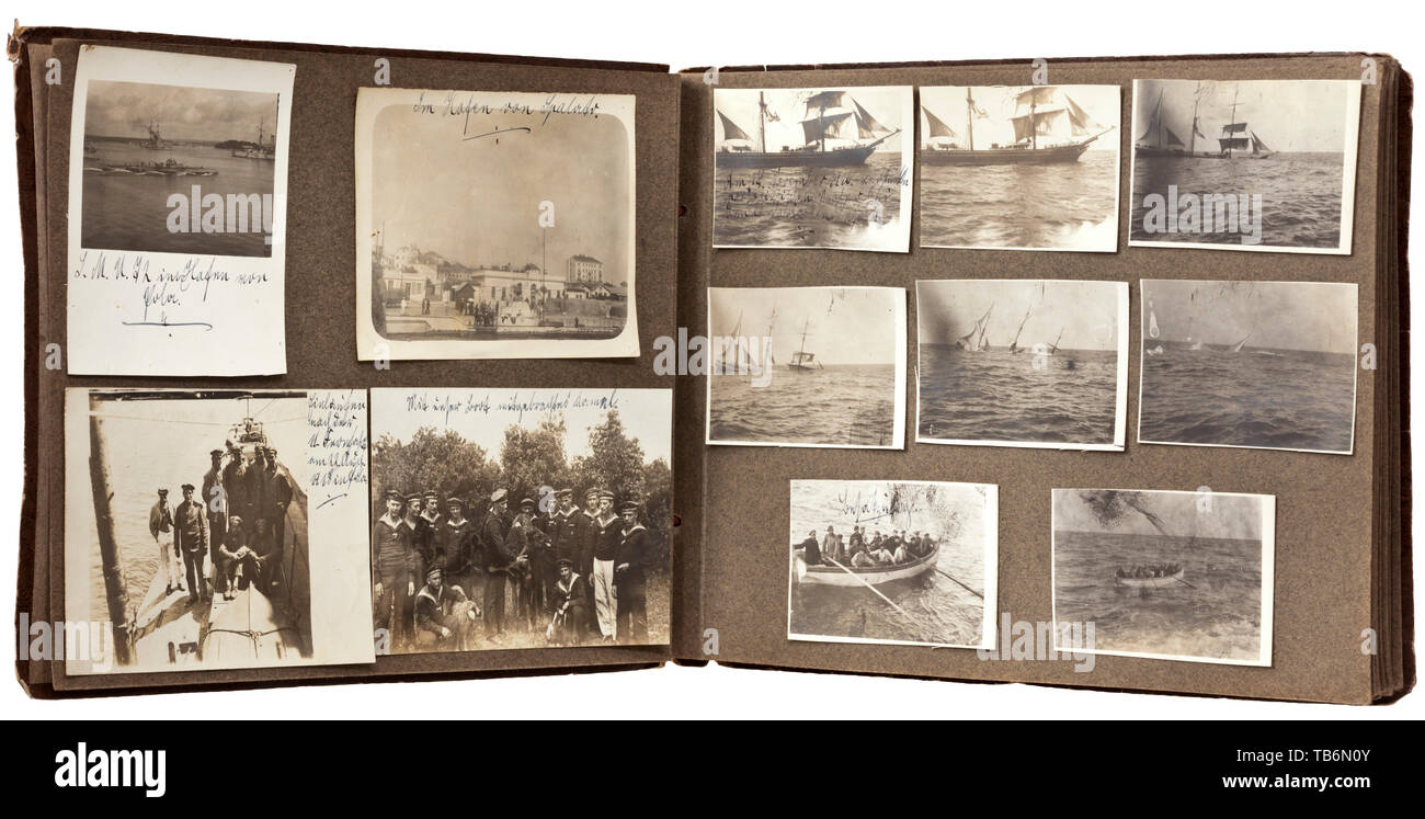 A photo album of U-Boat UC-20 in U-Boat Half Flotilla Pola off the coast of Libya, The partly inscribed album with a total of ca. 78 photos, sized for the most part in 9 x 14 cm format. Depicted are the U-Boat in her home port of Pola, conning tower with crew, sinking ships and images of Morocco and Libya, and a few family images. Album dimensions ca. 21 x 29 cm. Very rare images of a German U-Boat which operated in secret during World War I off the African coast. UC-20 was designed as a minelayer but undertook successful combat cruises in the Me, Additional-Rights-Clearance-Info-Not-Available Stock Photo